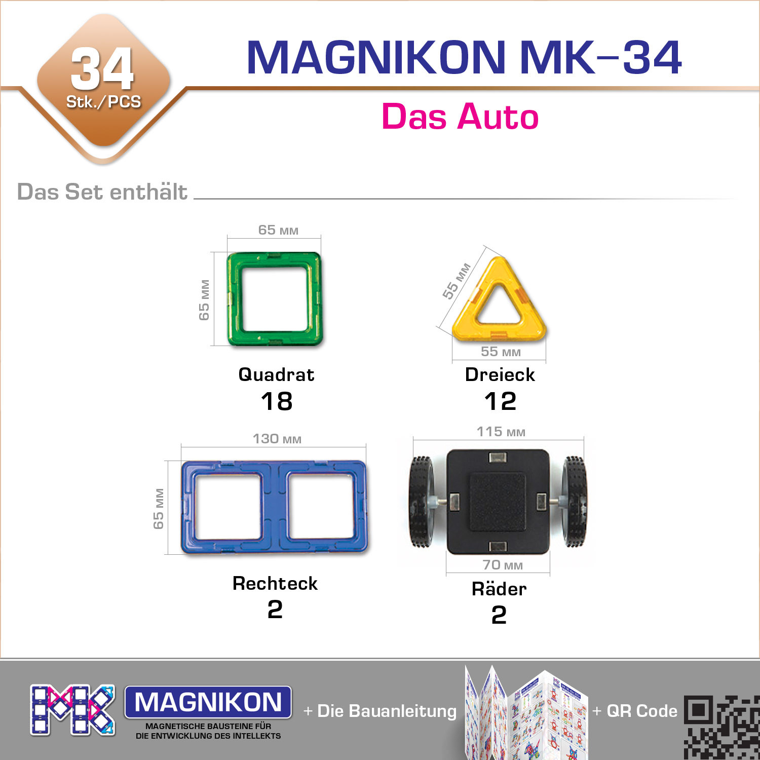 Magnetische Bausteine MK-34 “Das Auto” mit Rädern, 34 Teile